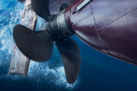 Marine industry ship propeller undersea view