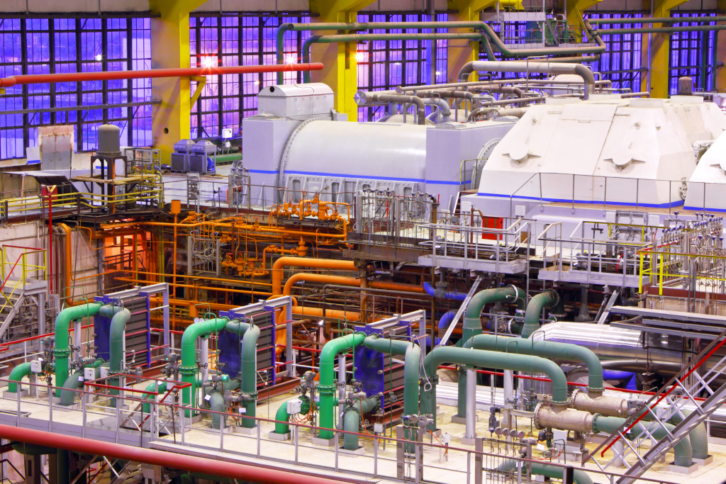 Power plant interior showing pipelines and valves